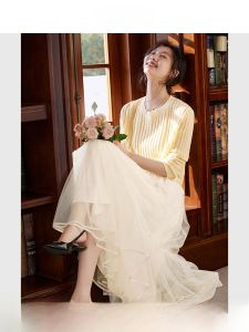 Vimly | Váy Dài Phong Cách Pháp Elegance Tulle Cao eo A-Line