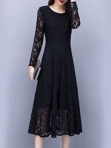 ชุดเดรสยาวปานกลางผ้าลูกไม้ฤดูใบไม้ผลิและฤดูร้อนสำหรับผู้หญิงไซส์ใหญ่ ชุดกระโปรงทรงเอสีพื้น แขนยาว คอหัวใจ ชุดเดรสยาวปานกลาง