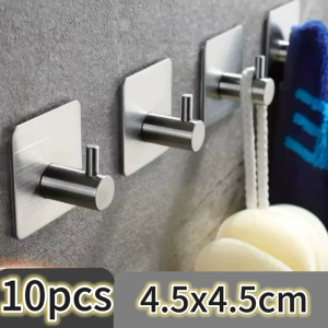 4-10pcs Self-Adhesive Towel Hooks 304 Stainless Steel Stick-On Wall Hooks for Home Coat Robe Bathroom Organization Accessories