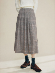 FAMANXUAN | Retro Plaid Patch Pocket A-Line Long Skirt