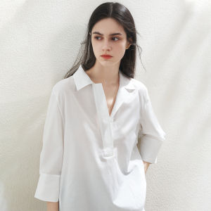 Miccbeirn | Silk Cotton Sweet Style Womens Shirt V-neck Drapey Skin-friendly Casual T-shirt Commute Simple Fashion Match All Seasons