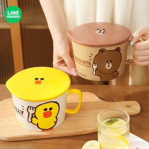 【With Lid】LINE FRIENDS Cartoon Cute Ceramic Instant Noodle Bowl With Lid Student Dormitory Office Lunch Box Microwave Bowl Handle Bowl Large Capacity Outdoors Camping Picnic Salad Bowl Microwave Special Bowl