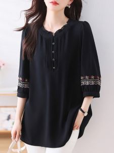 September Ink Road Retro Loose Slimming Chiffon Shirt Embroidered Short Sleeve Elegant Belly Covering Large Size Top