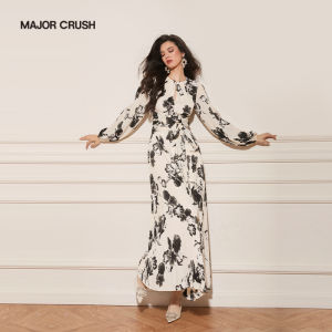 French Style Black and White Contrast Print Long Sleeve Maxi Dress
