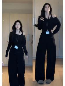 สีดำ เสื้อยืดแขนยาว ผู้หญิง ลำลอง สายคล้อง ดีไซน์ พลัสไซส์ ทันสมัย เสื้อท่อนบน สําหรับทุกประเภทร่างกาย ฤดูใบไม้ร่วง 2024 สินค้าใหม่