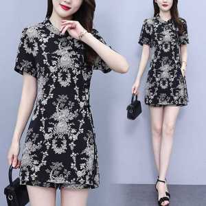 Chiffon New Chinese Style Short Sleeve National Style Suit Ink Dyed Tight Waist Slim Looking Mid Length Long Length Tops Trendy Shorts Two-piece Set Women