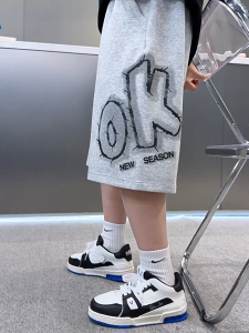 Kids 2026 Drawstring Shorts for Boys Wide Leg Loose Fit Sport Pants Baggy Shorts for Kids Boy 6-15yrs 130-160CM Gray and Black with "OK" Print