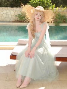 CHANGTONG | Beach Vacation Gentle Waist Slimming Mesh Spaghetti Strap Long Dress