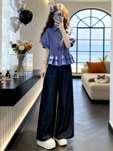Karrar betsey | Áo Sơ Mi Ngắn Tay Màu Xanh Klein Họa Tiết Caro Dáng Xòe Phong Cách Trẻ Trung