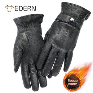EDERN Winter Deerskin Gloves for Men Women Thermal Fleece Gloves Retro Fashion Genuine Leather Gloves Touch Screen Windproof Outdoor Gloves
