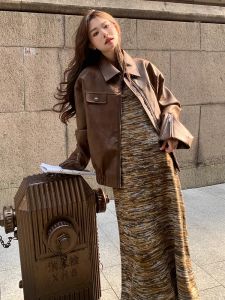 แจ็คเก็ตหนังสีคาเฟ่สไตล์อเมริกันย้อนยุคหลวมๆ ซิปสำหรับผู้หญิง ฤดูใบไม้ผลิ ฤดูใบไม้ร่วง ฤดูหนาว เสื้อคลุมกันหนาวแบบลำลอง