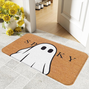 VIKAMA Retro Halloween White Ghost Black Bat Coir Doormat Spooky Holiday Outdoor Entryway Decor Mat Home Decor