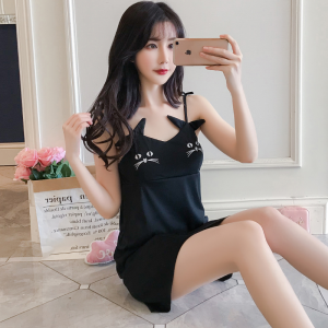 ชุดนอนแมวดําเซ็กซี่สําหรับผู้หญิงสไตล์ฤดูร้อนดีไซน์เกาหลีพร้อมแผ่นหน้าอกเสื้อผ้าบ้านเหมาะสําหรับใช้ในบ้านแบบสบายๆ