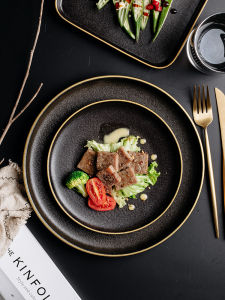 Golden Edge Ceramic Plate Steak Plate Italian Pasta Dish Western Cuisine Plate Black Frosted Swing Plate Fruit Plate Round Plate Breakfast Plate