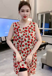 Summer New Womens Sleepwear Dress Ice Silk Air Conditioner Dress Simple Loose Comfortable Large Size Home Clothes Sleeveless Short Skirt