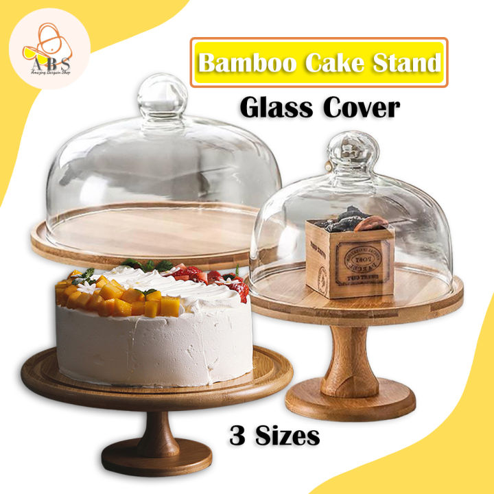 ABS Premium Bamboo Wood Cake Stand With Glass Dome Lids Cover High Quality  Bread Plate Dessert Tray Wedding Birthday Event Tempat Letak Kek Kayu