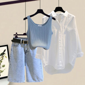 Slimming Three-Piece Denim Set Womens Strap Vest Shirt Five-Quarter Shorts Long Sleeve Polyester Fashionable Summer Outfit