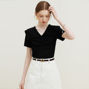 Femini Design Sweet Young Doll Collar Knitted T Shirt Womens Summer New Style Slimming Versatile Short Sleeve Pure Color