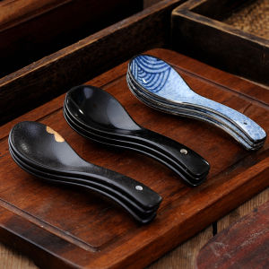 Black Glazed Ceramic Three Bend Spoon Practical Soup Spoon Quantity Spoon Dining Utensils Underglaze Color Dinnerware Set