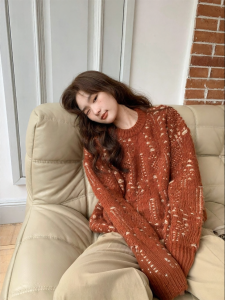 NIHAOKANONG | Áo Sweater Cổ Tròn Dệt Ren Nhỏ Phối Màu Form Rộng
