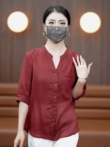 สลิมฟิต ลำลอง แขนครึ่ง ผู้หญิง เสื้อเชิ้ต หลวม สไตล์คอวีสีบริสุทธิ์ เสื้อท่อนบน สําหรับสุภาพสตรีวัยกลางคน วัสดุบาง ฤดูร้อน สวมใส่