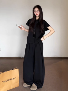 Summer Casual Womens Sportswear Set Loose Slimming Fashionable Korean Short Sleeve Wide Leg Pants Running Two Piece Set