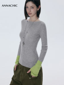 ANNACHIC | Quần Áo Thời Trang Màu Khối Giả Hai Mảnh Vai Trễ Sợi Knit Gầy Sọc Nhỏ