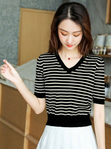 Summer New Style 2025 Womens V-Neck Short Sleeve Ice Silk Knitted Stripe T-Shirt Thin Ice Silk Top Ultra Cute Loose Fit T-Shirt