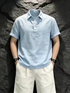 ZHUOCAN | Light Blue Tencel Linen Short Sleeve Set for Men Loose Fit
