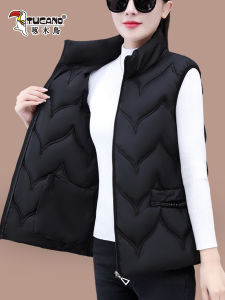 Fashionable Quilted Vest Womens Midlife Mom Jacket Outerwear Polyester Fiber Thickened Winter Zipper Closure Solid Color