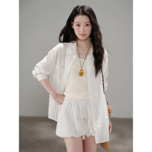 Leisure Vacation Suit for Women Summer Vest Hollow-out Embroidery Long-sleeve Sunscreen Blouse and Skirt Pants