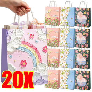 20Pcs Kraft Paper Gift Bags / Creative Oil Painting Portable Handbags / Recyclable Candy Favor Bags / Perfect for Birthday Wedding Party Valentine Christmas New Year Gift Packaging