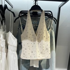 เสื้อกั๊กสายเดี่ยวประดับเพชรสไตล์ใหม่ฤดูร้อนสำหรับผู้หญิง ผ้าไหม แขนกุด คอวี ทรงปกติ ลำลอง ใส่ไปทำงาน