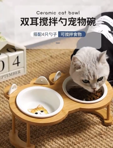 "SG SELLER" Pet Bowl Ceramic Cat Food Bowl Feeder Anti-Tip Bamboo Pet Bowl for Cats and Dogs Tilted Design for Neck Protection Water and Food Dish