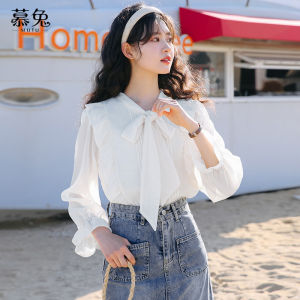 Áo sơ mi voan MUTU tay dài cổ chữ V có nơ bướm phong cách thanh lịch