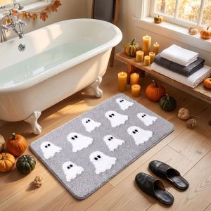 VIKAMA Cute Pink Ghost Bath Mat Water Absorb Anti-slip Rug Pastel Halloween Bathroom Shower Entry Home Decor Pad