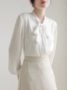 เสื้อเชิ้ตแขนยาวสีขาวสไตล์ฝรั่งเศสสำหรับผู้หญิง ทรงเข้ารูป ดีไซน์เรียบง่าย สำหรับใส่ไปทำงาน ผ้าฝ้ายผสมโพลีเอสเตอร์