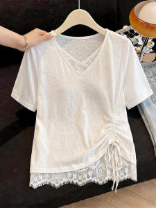 SHIMANQING | Lace Trim Regular Fit Plus Size Short Sleeve T-Shirt for Summer