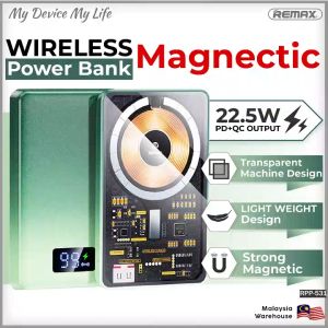 REMAX RPP-531 Magnetic Wireless Fast Charging Powerbank  22.5W PD+QC Type-C+USB IPH Input 10000mAh Tempered Glass Finishing Strong Magnets