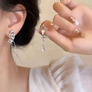 S925 Bông tai bạc thời trang Hàn Quốc Zirconia tua rua hình bướm Bông tai Trang sức phụ kiện cho cô gái