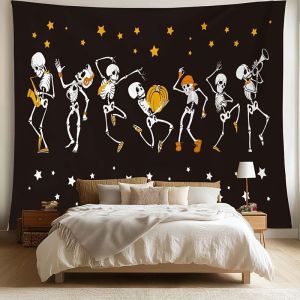 VIKAMA Halloween Dance Skeleton Band Phim Hoạt Hình Tấm Thảm Treo Tường Trang Trí Nền Polyester Vui Nhộn Bí Ngô Ngôi Sao Trang Trí Phòng