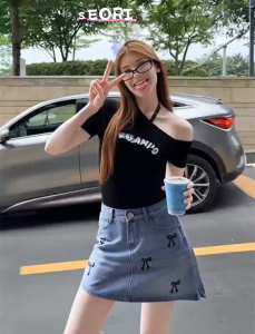 SEORI 🎀เด้นแค็คเกอร์ท A-line สีน้ำเงิน 🎀รางพรรณโบว์สไตล์เกาหลี ใส่ได้สองสไตล์ทั้งน่ารักและเซ็กซี่🎀