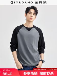 Áo Thun Dài Tay Cotton Nguyên Chất Giordano Dành Cho Nam Mùa Thu Đông Phong Cách Mới Cổ Tròn Màu Khối Xếp Ly Vai Mỹ