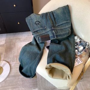 กางเกงยีนส์ทรงตรงขากว้างเอวสูงหนาขากว้างสไตล์ย้อนยุคสำหรับผู้หญิง กางเกงขายาวทรงตรง ฤดูใบไม้ร่วง/ฤดูหนาว