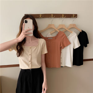 Áo Thun Nữ Tay Ngắn Cổ Vuông Ôm Vừa Vặn Mùa Hè Cỡ Lớn Quần Áo Công Sở Phong Cách Hàn Quốc Màu Trơn Thời Trang Hợp Thời Trang