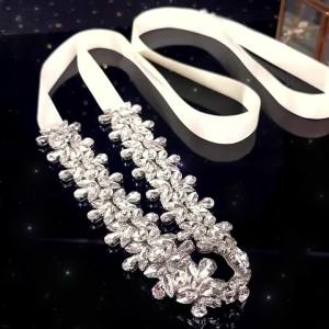 Luxury Bridal Belt Silver Crystal Rhinestone Pearl Wedding Gown Dress Sash Satin Ribbon Exquisite Thin Headband Hair Accessories