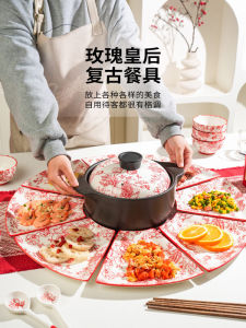 Chinese New Year Reunion Dinner Ceramic Plate Set round Table Utensils Combination Home Use 2025 New Bowl Dish Set Fan Shape