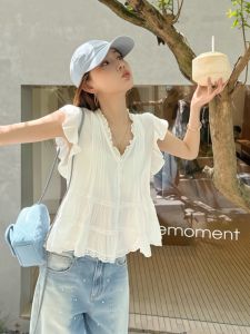 White V-Neck Doll Shirt Womens Summer Sweet Stylish Age-Defying Flounce Sleeve Button-Up Korean Style Loose Fit Short Length
