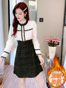 Váy Dài Tay Dài Mùa Đông Có Lót Lông Cừu Cho Nữ Váy Chữ a Cổ Tròn Váy Công Sở Phong Cách Hàn Quốc Váy Ngắn