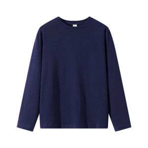 เสื้อยืดแขนยาวผ้าฝ้ายแท้หนา 300 กรัม ทรงหลวมสำหรับทั้งชายและหญิง เสื้อเชิ้ตสีขาว เสื้อเชิ้ตคอกลม เสื้อผ้าทำงาน ฤดูใบไม้ร่วง 2025